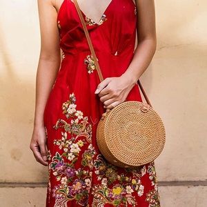 Round Rattan bag with leather straps natural crossbody handbag